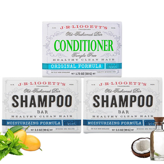 J.R.LIGGETT'S Shampoo and Conditioner Bar - Conditioner 1.75Oz + Two Moisturizing Formula Solid Shampoo Bar 3.5Oz - All-Natural Ingredients for Hair Clean, Soft, Tangle-Free, 3 Pack