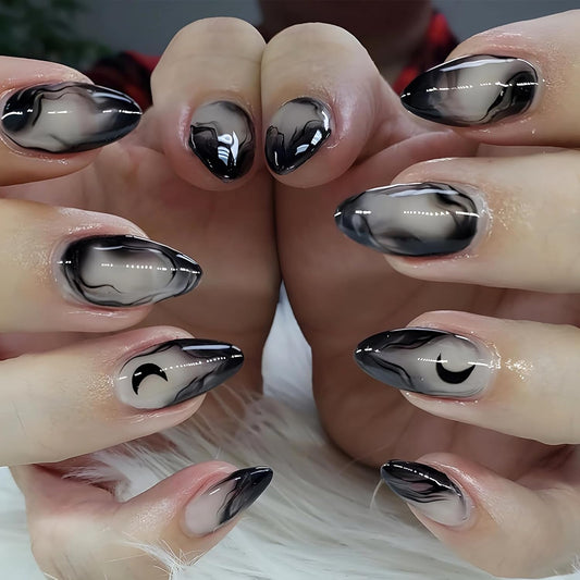 Press on Nails Medium Almond Fake Nails Glossy Glue on Nails Goth Black Ombre Acrylic Nails Stiletto Artificial Nails Gothic Moon Stick on False Nails with Design 24 Pcs
